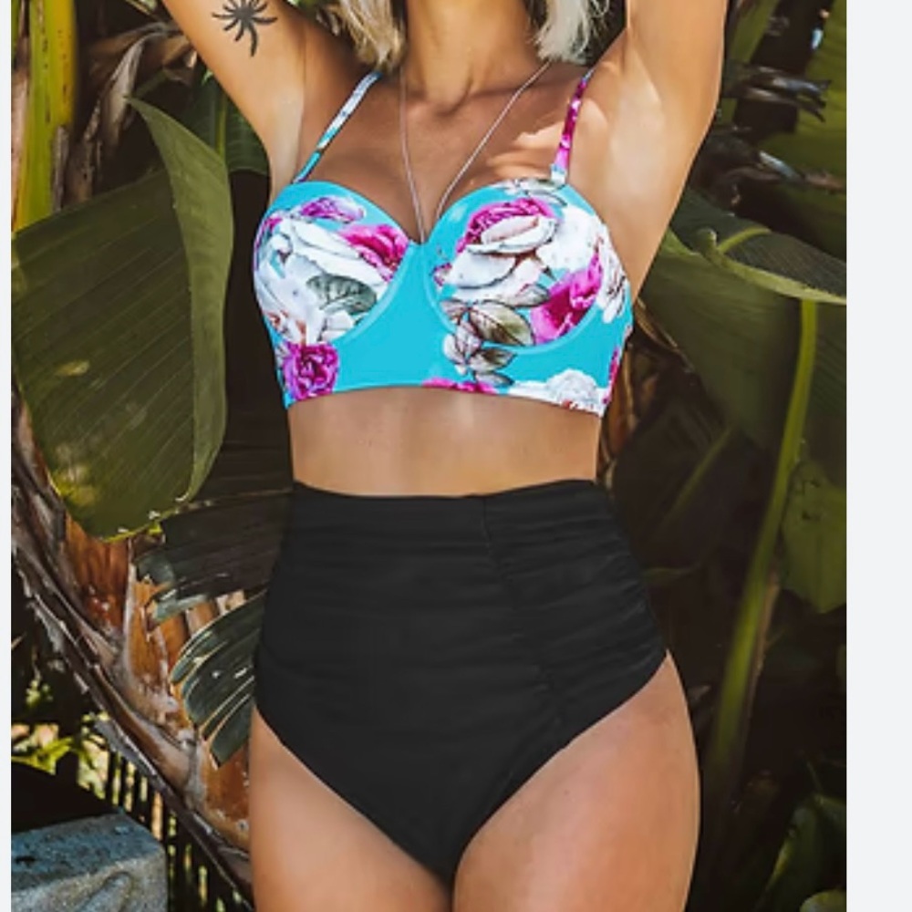 Floral Blue and Black Shirring High-Waisted Bikini